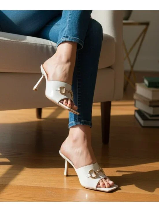 Square Toe White Heeled Mules With Gold Chain Detail - Elegant Slip-On Design Fo - Picture 5 of 14